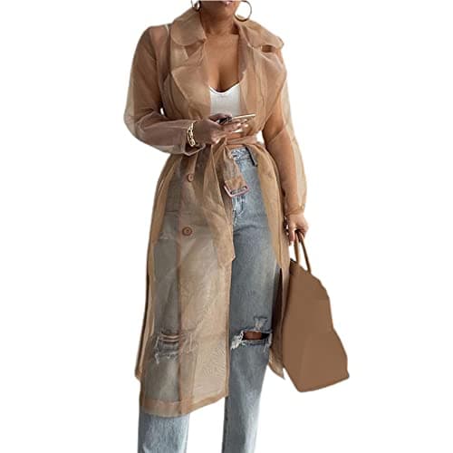Image of HshDUti Women's Fashion See Through Trench Coat Lace Up Summer Spring Solid Sheer Mesh Long Sleeve Button Coat Shirt Outerwear Cardigan Long Jacket Khaki S