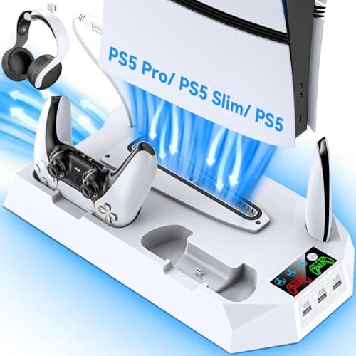 Image of Tokluck PS5/PS5 Pro Stand with Controller Charging Station for All Playstation 5 Console, PS5 Cooling Stand with 3 Levels Cooling Fan/Headset Holder, PS5/PS5 Slim Accessories with 3 USB Hub
