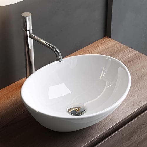 Image of Mai & Mai Bathroom Sink Basin Countertop Wash Basin | Ceremic Oval Bright White | Modern Design Bathroom Vessel Sink | WDH: 42x34x14cm | Nano-Coating Brüssel205