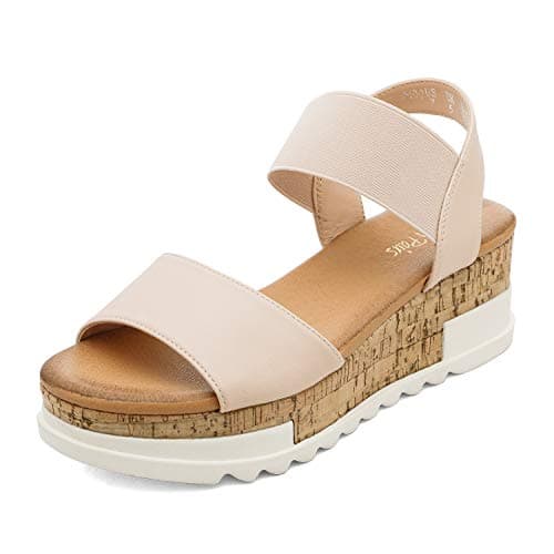 Image of DREAM PAIRS Womens Elastic Strappy Wedge Sandals Platform Open Toe Summer Beach Low Wedges Shoes,Size 9,Nude,Reed-1