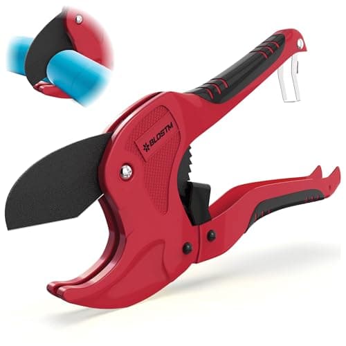 Image of BLOSTM Plastic Pipe Cutter - Heavy Duty Ratchet Pipe Cutters with 42mm Outside Diameter Cutting Capacity for PVC PEX PPR Plastic Pipes & Rubber Hoses, Ergonomic Non-Slip Handle & Safety Lock (Red)