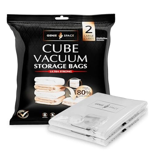 Image of GENIE SPACE Cube Vacuum Storage Bags for Clothes, Bedding and Loft Storage, Large 80×60×32 cm, Airtight, Odour-Proof and Reusable Space Saver Bags with Double Zipper Seal, 2-Pack