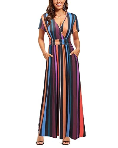 Image of OUGES Women's Summer Casual V Neck Short Sleeve Floral Pattern Wrap Ladies Maxi Long Dress with Pockets(Floral-41,L)