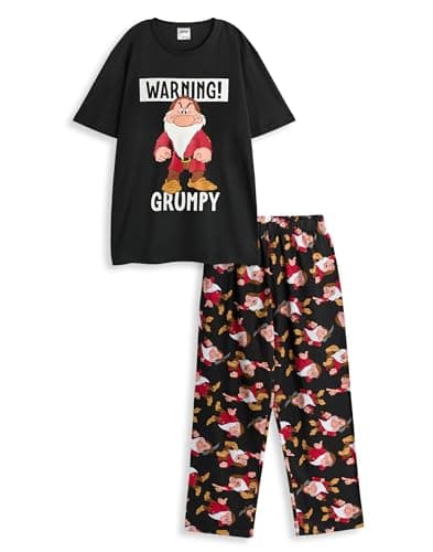 Image of Disney Snow White & The Seven Dwarfs Grumpy Mens Black Graphic Tee | Short Sleeve Cartoon Shirt with 'WARNING! GRUMPY' Print | Classic Crew Neck Sleepwear Top