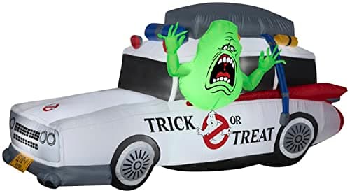 Image of 7' Gemmy Airblown Ghostbuster's Ecto-1 Slimmer Patio Decor Mobile 552108, Green, White, Red, Blue