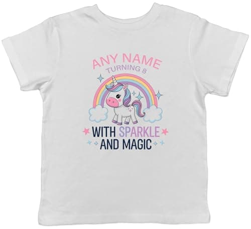 Image of Shopagift Personalised Birthday Unicorn Sparkle & Magic Kids T-Shirt Childrens Tee Boys Girls White