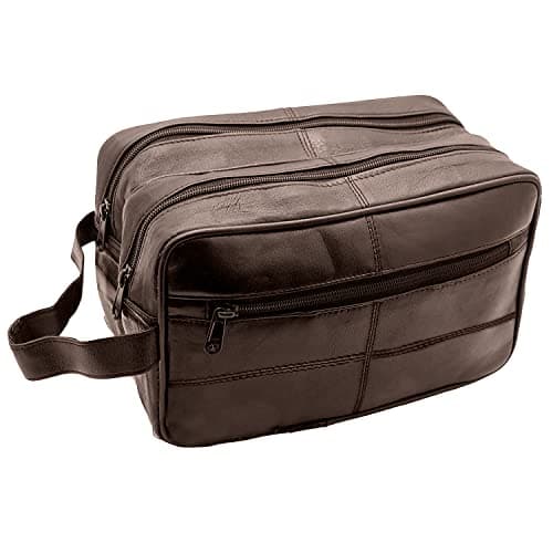 Image of Genuine Leather Mens Wash Bag Toiletry Travel Wash Bag Shaving Bag Bathroom Gym Makeup Organizer Gift for Men & Women (Brown)