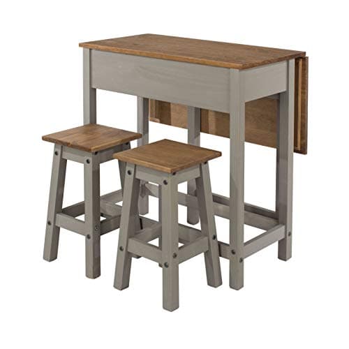 Image of Home Source Corona Breakfast Set, Drop Leaf Kitchen Table with 2 Matching Stools Bar Set, Grey
