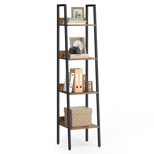 Image of VASAGLE Ladder Shelf, 4-Tier Narrow Shelf, Bookshelf for Home Office, Living Room, Bedroom, Kitchen, Industrial, Rustic Brown and Ink Black LLS108B01