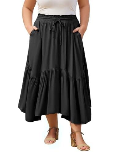 Image of Moon Wood Women's Plain Maxi Skirts Elasticated High Waist Long Skirt Boho Ladies Tiered Flowy A Line Skirts Plus Size Ruffles with Pockets Black XXL