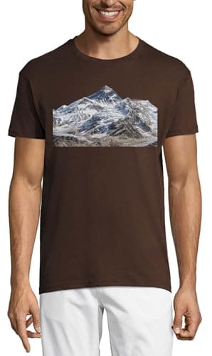 Image of Snow-Covered Mountain Peak Landscape Crew Neck Cotton Men's T-Shirt Chocolate Medium