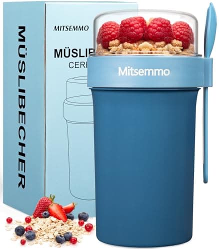 Image of Mitsemmo Cereal Cup On The Go,760ml+230ml Muesli Cup,Breakfast Pots to Go,Yogurt and Granola Pot With Sauce Container,Travel Cereal Bowl and Milk Container,Reusable Overnight Oats Jar with Lid & Spoon