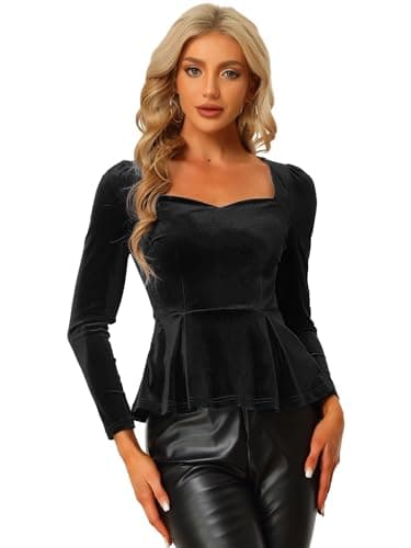 Image of Allegra K Women's Elegant Velvet Blouse Sweetheart Neck Long Sleeve Peplum Top Black l