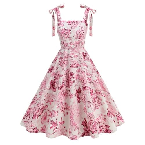 Image of Odizli 1940s Dresses for Women 1950s 50s 40s Vintage Rockabilly Elegant 1960s Retro Style Ladies Fancy Summer Spaghetti Straps Floral Print Swing A Line Wedding Guest Cocktail Tea Dress Pink S
