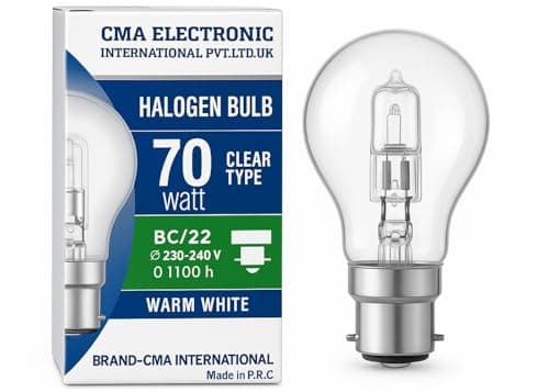 Image of CMA 70W Halogen Bulbs Clear Glass Bayonet B22 BC Cap - Warm White 2700K Light - Instant Full Brightness - Long Life Traditional Bulb x10 Pack