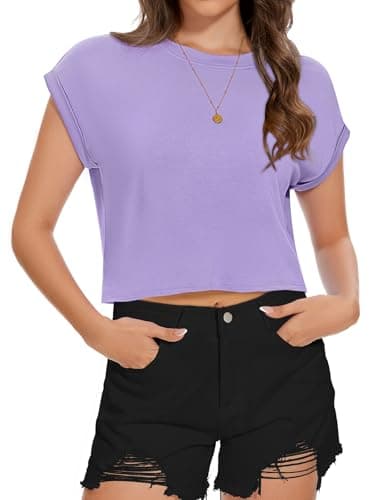 Image of Womens Short Sleeve T Shirt Summer Loose Fit Tees Round Neck Causal Crop Tops(Purple,XL)