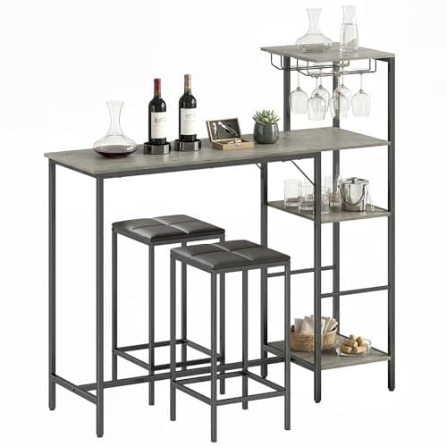 Image of HOMCOM 3 Piece Breakfast Bar Table and Stools Set, Dining Table with 4-tier shelving and Glasses Holders, 2 PU Leather Bar Stools with Footrest for Kitchen, Dining Room, Pub, Washed Grey