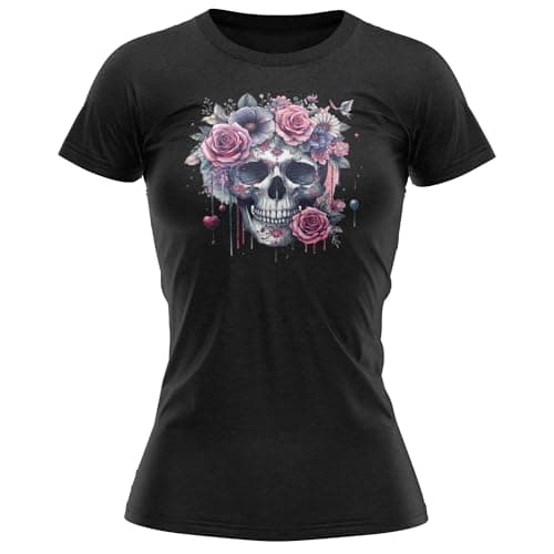Image of Sugar Skull Womens T Shirt Halloween Flowers Floral October Trick Or Treat Tee, XXL, Black