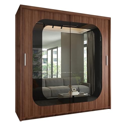 Image of FURNITUREWAVE Minosa Sliding Mirror Doors Wardrobe For Modern Bedroom Furniture Cupboard with Space Saving Shelves and Hanging Rails (Walnut/Black, 203cm)