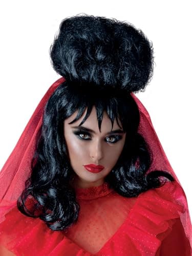 Image of Smiffys Beetlejuice Lydia Wig for Adults Black Mid-Length with Fringe Officially Licensed Warner Brothers Ideal for Infamous Lydia Deetz Up-Do and Matching Family Fancy Dress Halloween