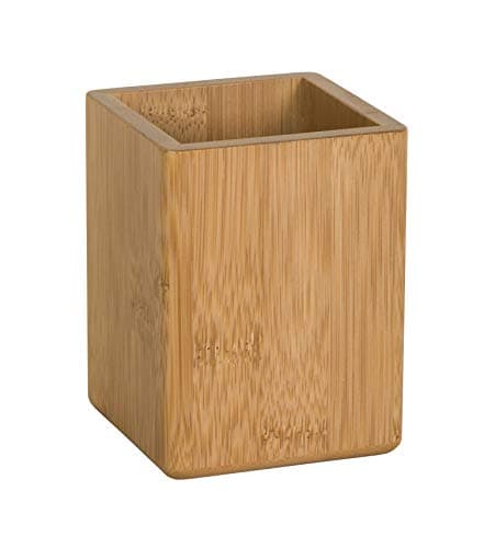 Image of OSCO Bamboo Square Pen Pot, MOSO Bamboo Desk Tidy & Office Organiser, Compact Square Pencil Holder for Workspace, Makeup Brushes & Cosmetics, 10.2x7.7x7.7 cm, Single