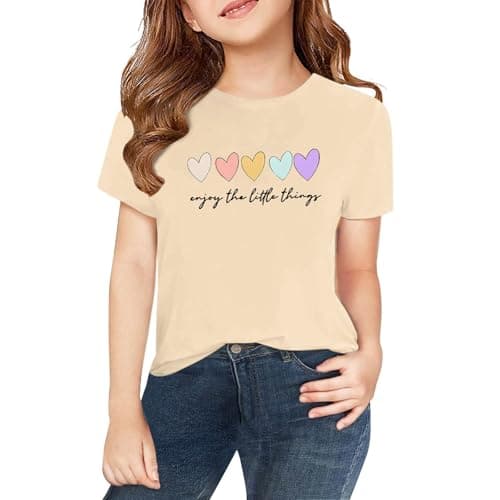 Image of Girls Heart T Shirts Cotton Kids Short Sleeve Athletic Tee Crew Neck School Clothes Personalized Tops Cute Graphic Summer Tshirt Casual Loose Basic Tee (Beige-a, 10-11Years)