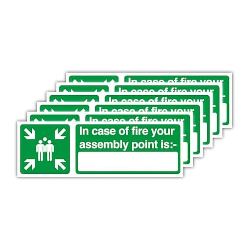 Image of KACHANNIE 30CM X 10CM Pack of 6 Self Adhesive Fire Assembly Point Sign Outdoor, Muster Point Sign Waterproof Vinyl Stickers, Green,white