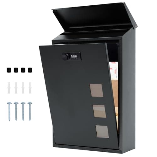 Image of lisetar Post Box Wall Mounted, Steel Mail Box with Combination Lock - Weather-Resistant, 3 Viewing Windows, Rain Cover, Lockable for Outside, 40 x 25 x 10 cm -Grayish Green