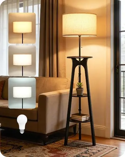 Image of GOEBLESON Floor Lamp, Corner Floor Lamp, Floor Lamp with 3 Shelves, Wood Tripod Floor Lamp with Linen Lampshade, for Living Room, Bedroom, Study, and Office, Beige and Black ZBE25LDK05