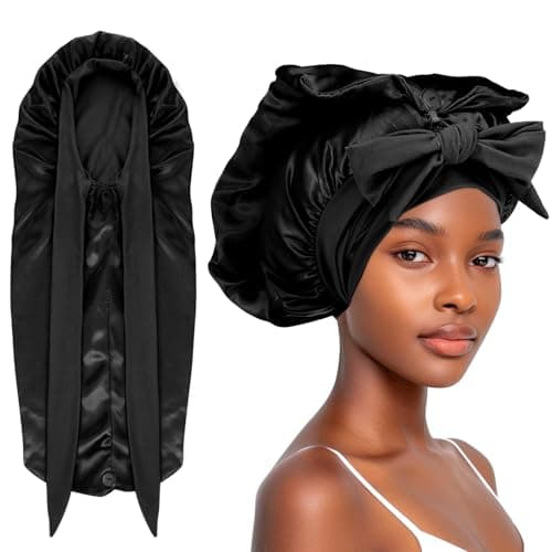 Image of Long Satin Bonnet for Braid, Sleep Cap Silk Hair with Tie and Button, Foldable Sleep Bonnets for Women Long Hair, black, 41-57
