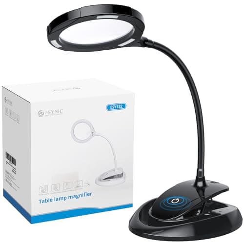Image of eSynic Black Magnifying Glass with Light Flexible Magnifying Lamp Rechargeable Magnifier with Light and Desk Maginifier Lamp With 15 Bright LEDs a 5x &10x Optical Lens Perfect for Reading Craft etc
