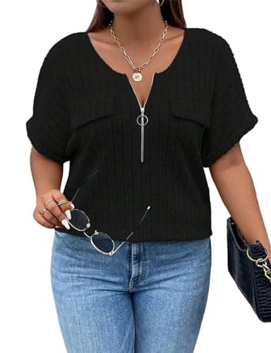 Image of Gemulate Black Ladies Plus Size Tops 4XL Short Sleeve Tops for Women V Neck Plus Size Ladies Tops Casual T Shirt Zipper Lightweight Blouses Tops for Women UK - Black, XXXX-Large