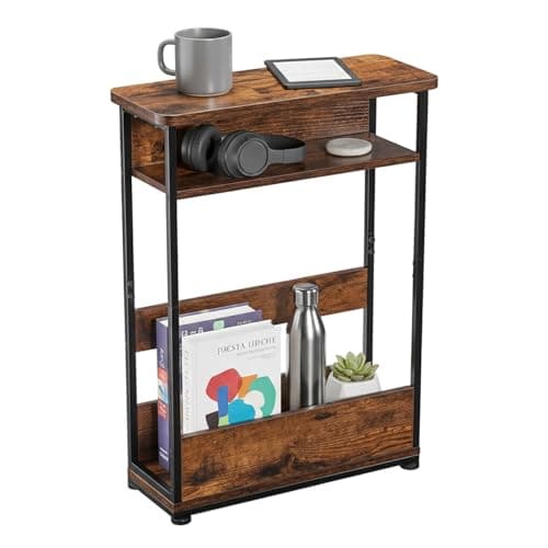 Image of YEAKOO Narrow Side Table for Narrow and Small Spaces, Skinny Bedside Table Small Nightstand with Magazine Rack Space Saving (Rustic Brown, M)
