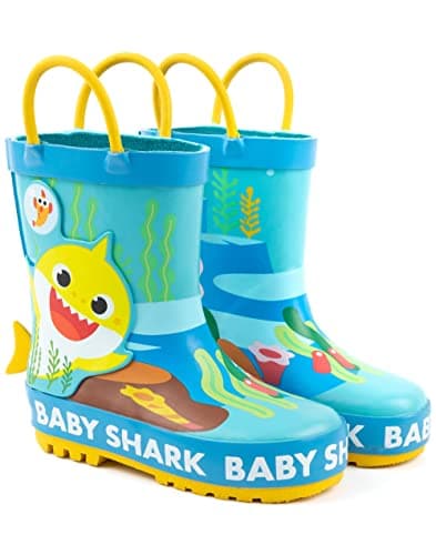 Image of Baby Shark Kids Wellies in Blue | Rain Protection Wellington Boots with Yellow 3D Fin for Boys & Girls | Shark Family Song Fun Rubber Boots | Water Resistant Shoes for Todlders | Gift for Children