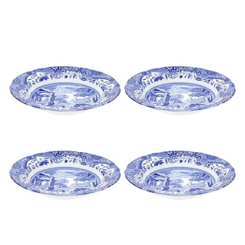 Image of Spode x Blue Italian Set of 4 Soup Plates - Quality Made in England Earthenware with Signature Blue and White Oriental Border Made in England, Dishwasher & Microwave Safe, 23cm