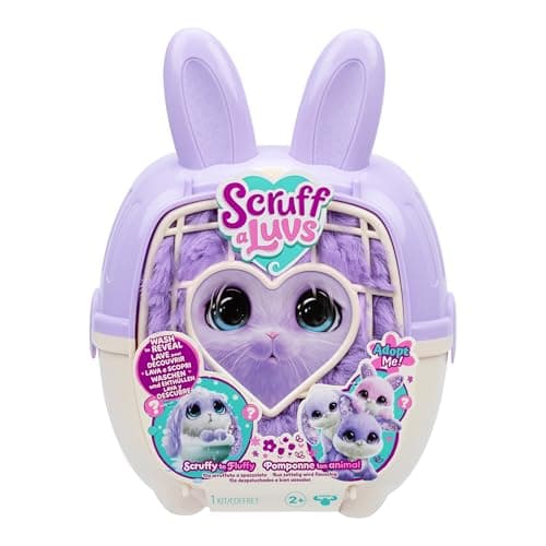 Image of ScruffaLuvs Bunny Scruffs - Mystery Plush Toy, 5.5" Tall - Wash to Reveal a Bunny Scruff, Includes 11.4" Deluxe Pet Carrier, Purple
