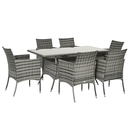 Image of Outsunny 7-Piece Rattan Garden Furniture Set with Cushions, 6 Seater Garden Table and Chairs, Rattan Dining Set with 6 Armchairs, Rectangular Glass Top Table, Grey