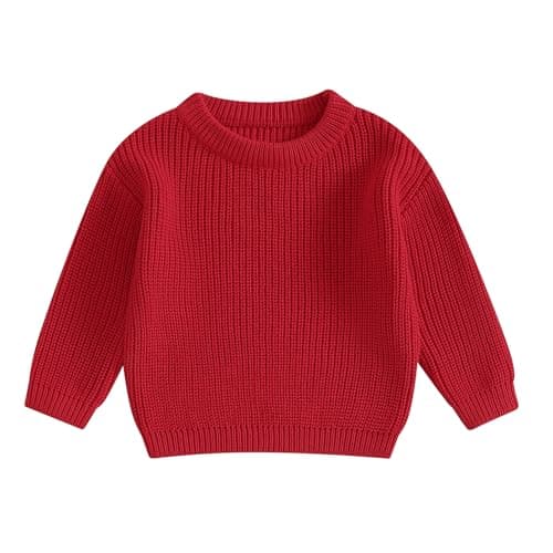 Image of MAHUAOYIXI Baby Girls Boys Sweater Solid Color Long Sleeve Crew Neck Knit Pullover Warm Sweater Toddler Clothes Knitwear Baby Jumpers Tops Casual for Fall Winter (Red, 9-12 Months)