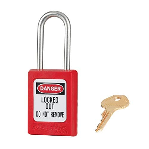 Image of Master Lock Red Zenex™ thermoplastic Safety Padlock, 35mm Wide with 38mm Tall Stainless Steel Shackle, Key retaining, keyed Different