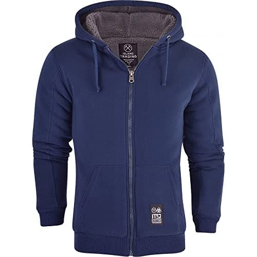 Image of Island Trading Mens Cotton Padded Borg Fleece Sherpa Lined Full Zip Up Hoodie Sweatshirt Jacket X Large Navy Blue