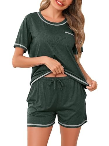 Image of Wikoan Short Pyjamas for Women's Soft Cotton Pyjama Set Two Pieces Pyjamas Short Sleeve Top and Shorts Sleepwear Lounge Set with Pockets,Dark Green,S