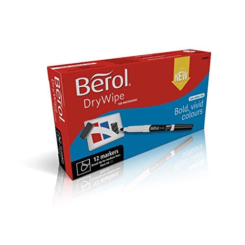 Image of Berol Dry Wipe Whiteboard Marker Pens | Broad Tip | Black Low-Odour Ink | 12 Dry Erase Markers