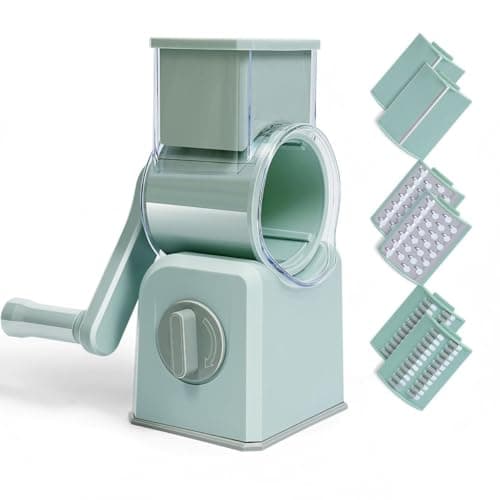 Image of Manual Vegetable Slicer - Patented Drum Cutter w/Interchangeable Blades, Safe & Fast Hand Crank Operation - for Carrots, Cucumbers, Onions, Fruits (Upgraded Stainless Steel Blades) (Green, 3 Blades)