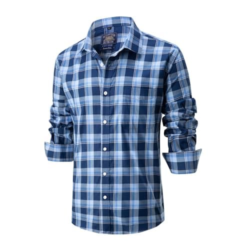 Image of Lonvera1840 Men’s 100% Cotton Plaid Shirt, Long Sleeve Regular Fit with Pocket, Classic Tartan Check, Smart Casual Shirt for Work & Weekend, S–4XL (Blue)