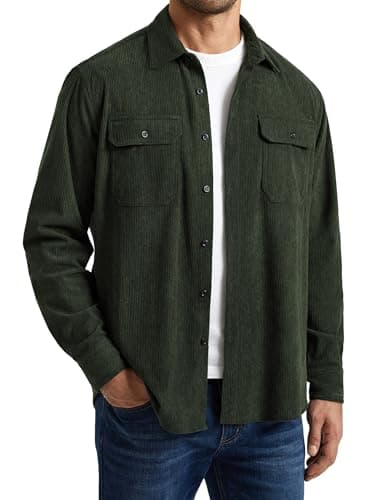 Image of Enlision Mens Corduroy Shirt Long Sleeve Casual Button Down Overshirt Lightweight Shacket with Flap Pockets Vintage Workwear Style Layering Top Army Green 2XL