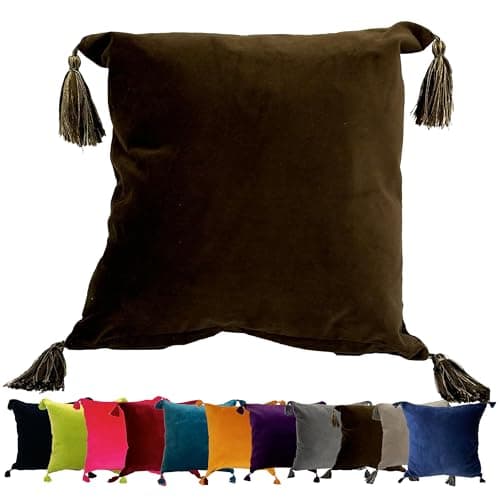 Image of Ragged Rose Velvet Cushion Covers - Sasha Square Tassel Cushion Covers 45cm x 45 cm - Soft, Elegant, Luxury Cotton Velvet Fabric Pillow Cases for Lounge Area & Bedroom, Brown