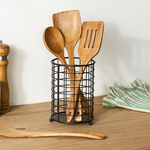 Image of OHS Kitchen Utensil Holder, Black Metal Cutlery Holder Cooking Organiser for Spatulas Spoons Knives and Tongs Cutlery Drainer Sink Caddy Kitchen Sink Organiser, Black