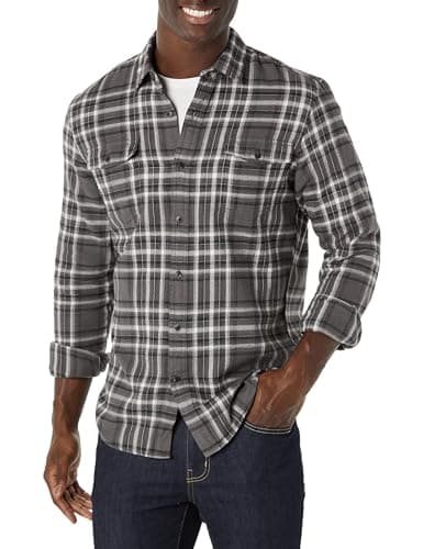 Image of Amazon Essentials Men's Slim-Fit Long-Sleeve 2-Pocket Flannel Shirts, Grey Plaid, L