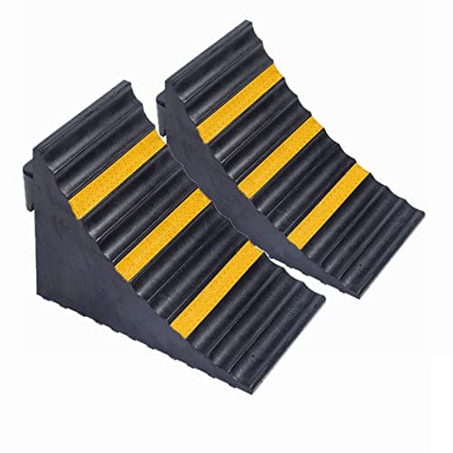 Image of bimiti Wheel Chocks 2 Pack 25x 16x 19cm Rubber Tyre Saver Brake Stoppers Heavy Duty Car Vehicle Wedge with Handles and Yellow Strips Caravan Chock Block for Travel Trailers RV Trucks and ATV Black