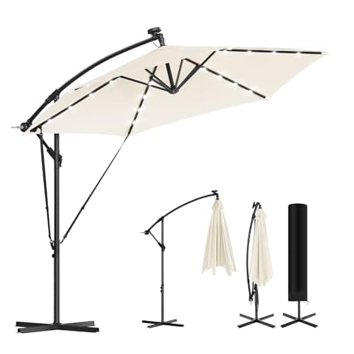 Image of WOLTU 3m Garden Parasol with LED Lights, Solar-powered, 360° Rotation Banana Parasol, Cantilever Design Wind Resistant Round Patio Umbrella with Cross Base, Umbrella Cover, Crank Handle, Beige